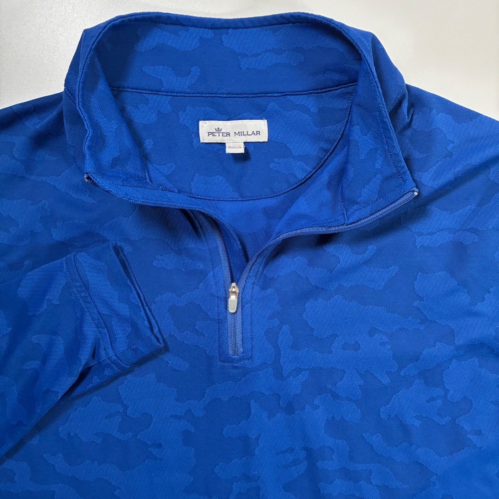 Peter Millar Perth Performance Quarter Zip Pullover Medium Blue Camo Jacquard